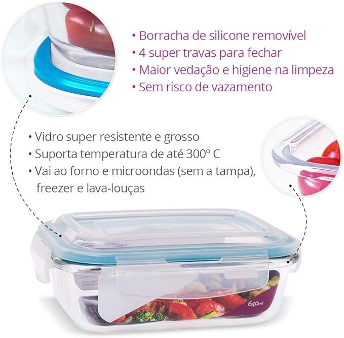 Kit Potes de Vidro Herméticos 640ml com Vedação Total e 4 Travas