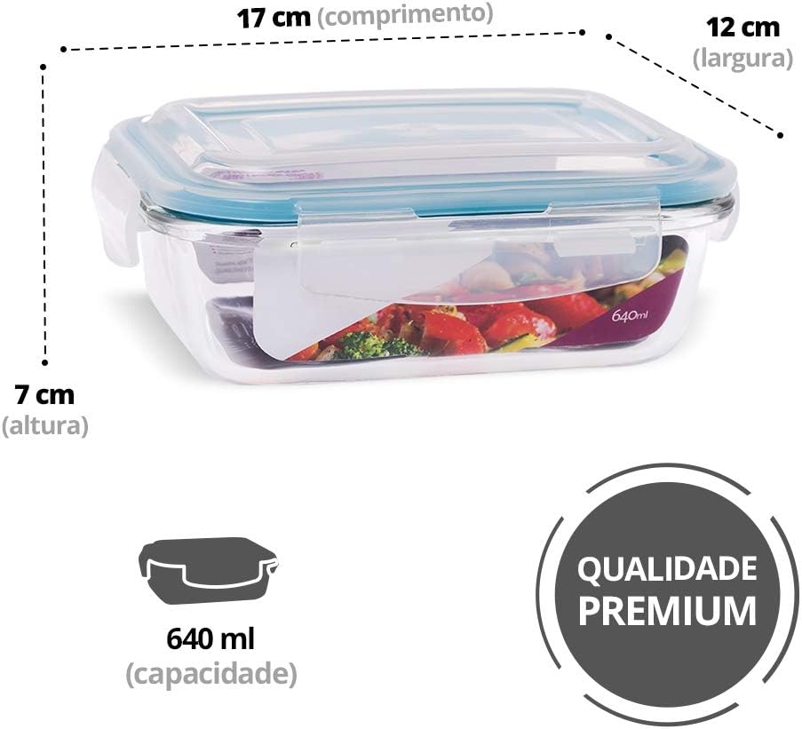 Kit Potes de Vidro Herméticos 640ml com Vedação Total e 4 Travas 