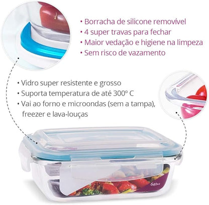 Kit Potes de Vidro Herméticos 640ml com Vedação Total e 4 Travas 